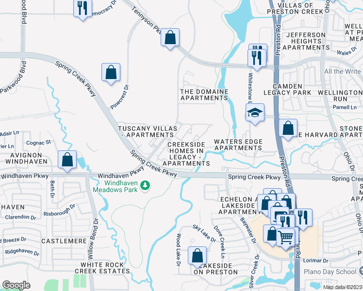map of restaurants, bars, coffee shops, grocery stores, and more near 6300 Windcrest Drive in Plano