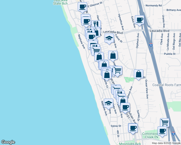 map of restaurants, bars, coffee shops, grocery stores, and more near 566 Neptune Avenue in Encinitas