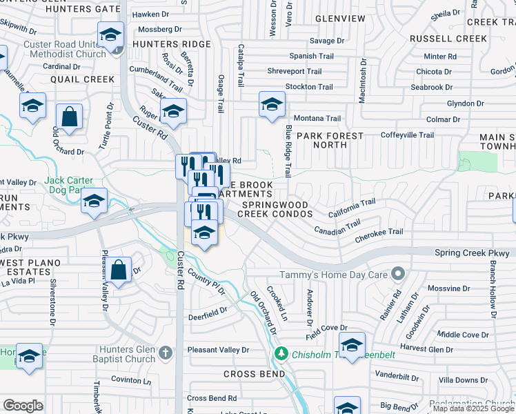 map of restaurants, bars, coffee shops, grocery stores, and more near 1805 West Spring Creek Parkway in Plano