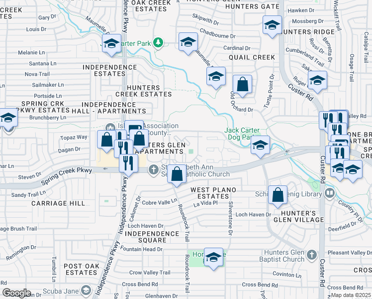 map of restaurants, bars, coffee shops, grocery stores, and more near 6300 Roundrock Trail in Plano