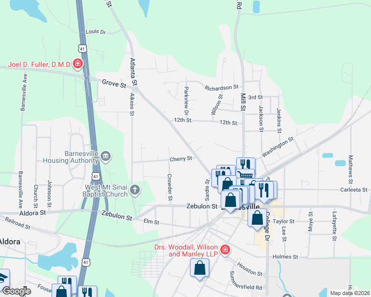map of restaurants, bars, coffee shops, grocery stores, and more near 123 Cherry Street in Barnesville