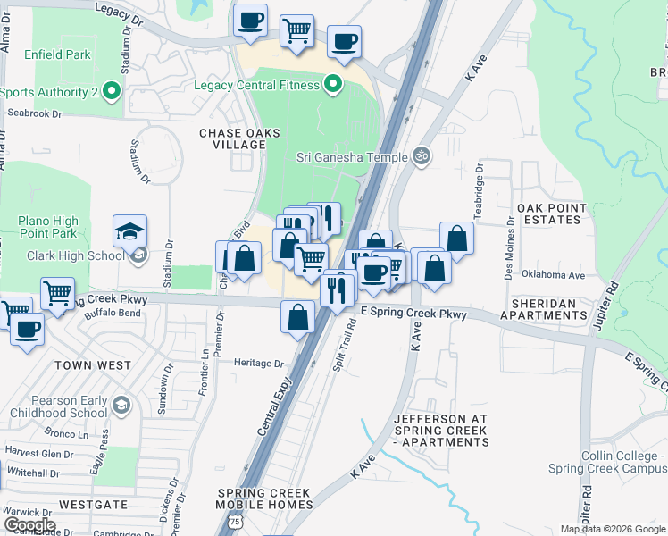 map of restaurants, bars, coffee shops, grocery stores, and more near 6217 Central Expressway in Plano