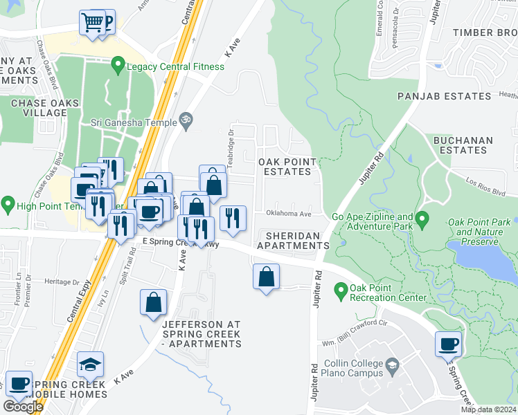 map of restaurants, bars, coffee shops, grocery stores, and more near 6205 Texana Way in Plano