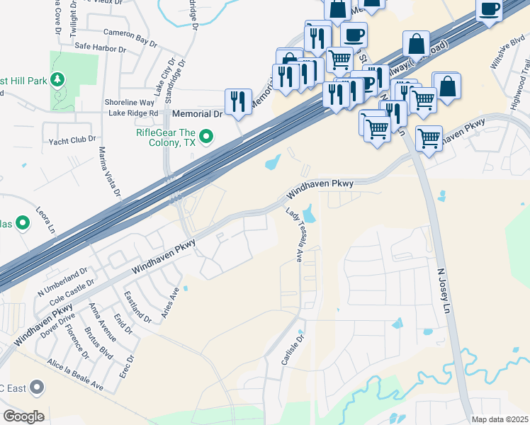 map of restaurants, bars, coffee shops, grocery stores, and more near Windhaven Parkway in Lewisville