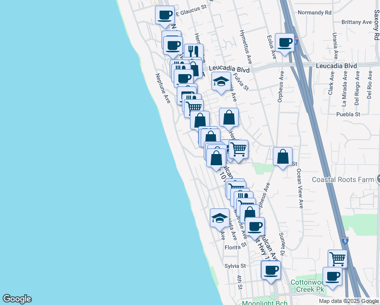 map of restaurants, bars, coffee shops, grocery stores, and more near 163 Athena Street in Encinitas