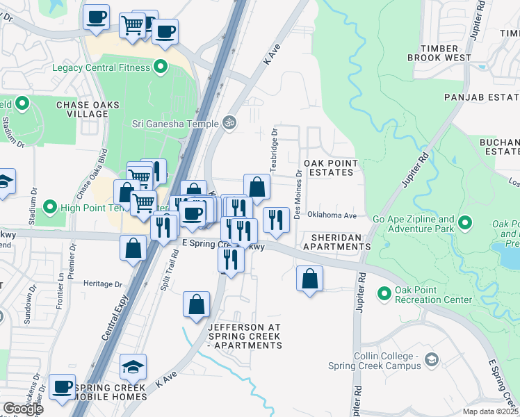 map of restaurants, bars, coffee shops, grocery stores, and more near 1801 East Spring Creek Parkway in Plano