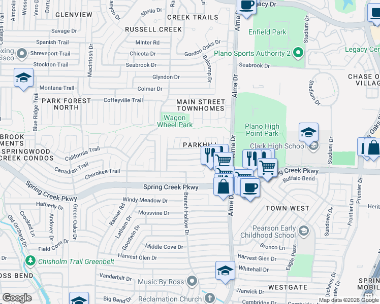 map of restaurants, bars, coffee shops, grocery stores, and more near 1001 Longhorn Drive in Plano