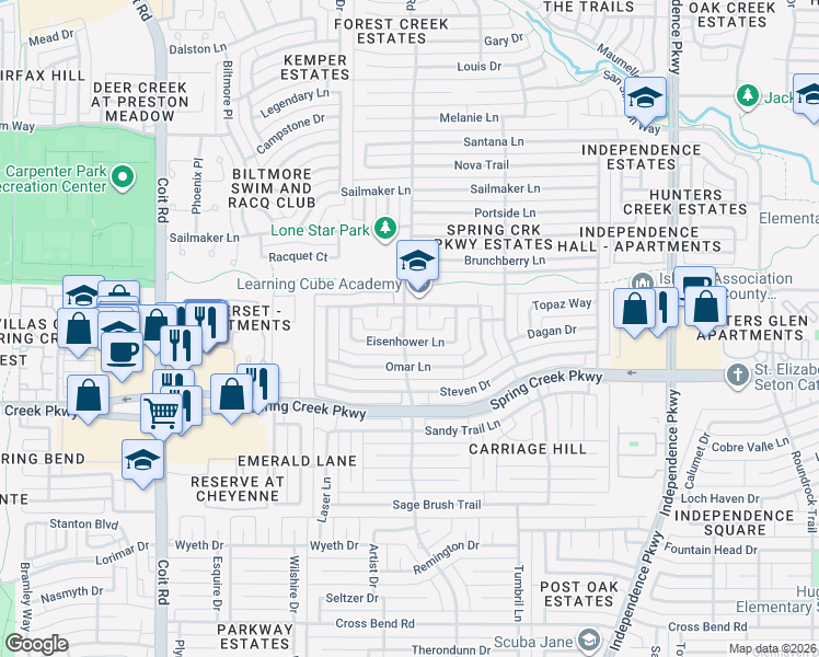 map of restaurants, bars, coffee shops, grocery stores, and more near 3425 Eisenhower Lane in Plano