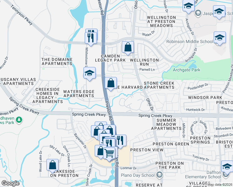 map of restaurants, bars, coffee shops, grocery stores, and more near 6300 Preston Road in Plano
