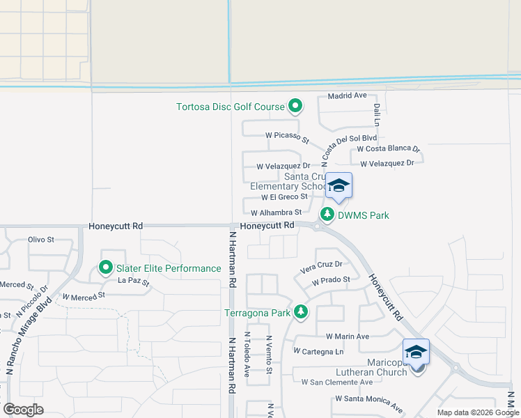 map of restaurants, bars, coffee shops, grocery stores, and more near 36537 West Alhambra Street in Maricopa