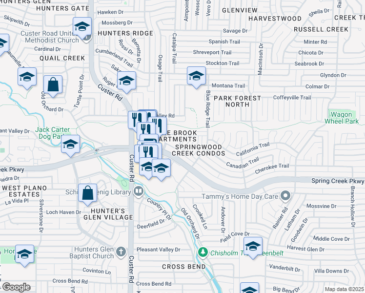 map of restaurants, bars, coffee shops, grocery stores, and more near 1809 West Spring Creek Parkway in Plano