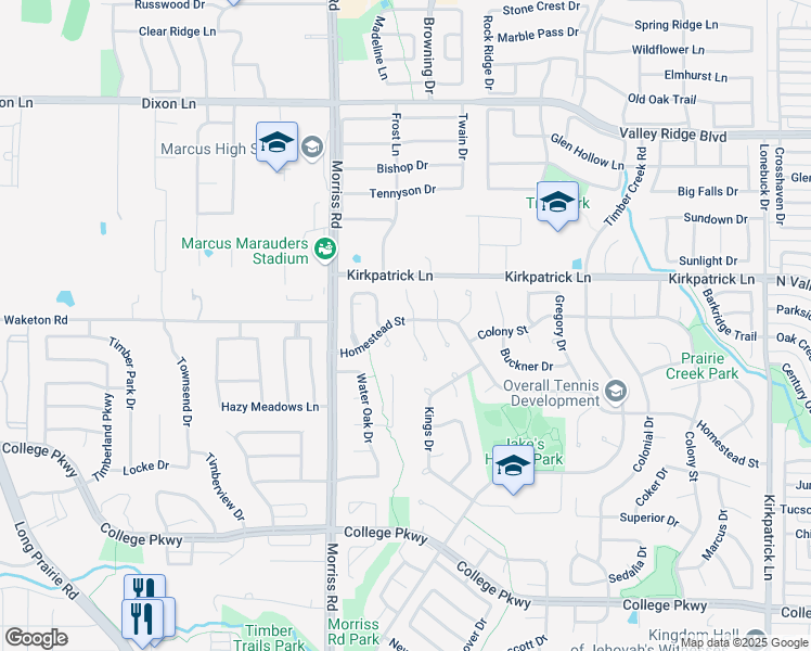 map of restaurants, bars, coffee shops, grocery stores, and more near 5323 Peterson Court in Flower Mound