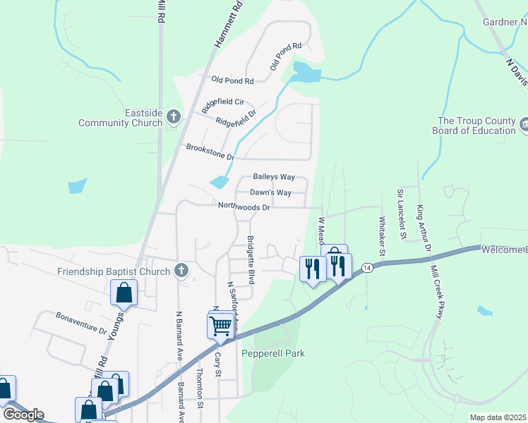 map of restaurants, bars, coffee shops, grocery stores, and more near 402 Northwoods Drive in LaGrange