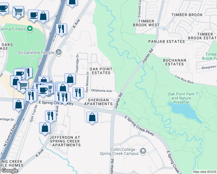 map of restaurants, bars, coffee shops, grocery stores, and more near 2212 Oklahoma Avenue in Plano