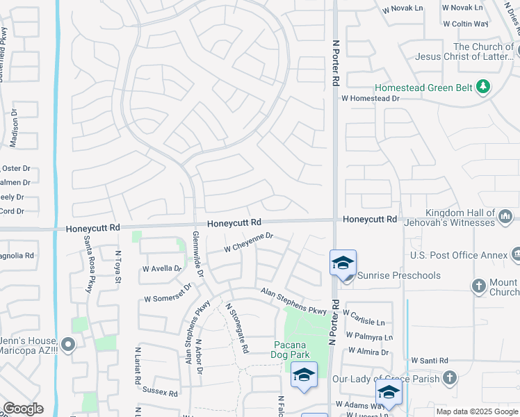 map of restaurants, bars, coffee shops, grocery stores, and more near 19681 North Bridge Court in Maricopa
