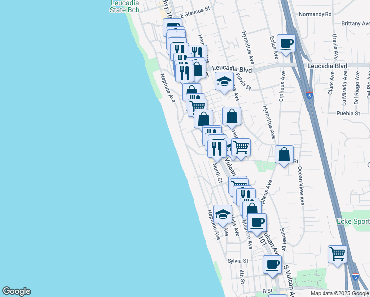 map of restaurants, bars, coffee shops, grocery stores, and more near 584 Neptune Avenue in Encinitas