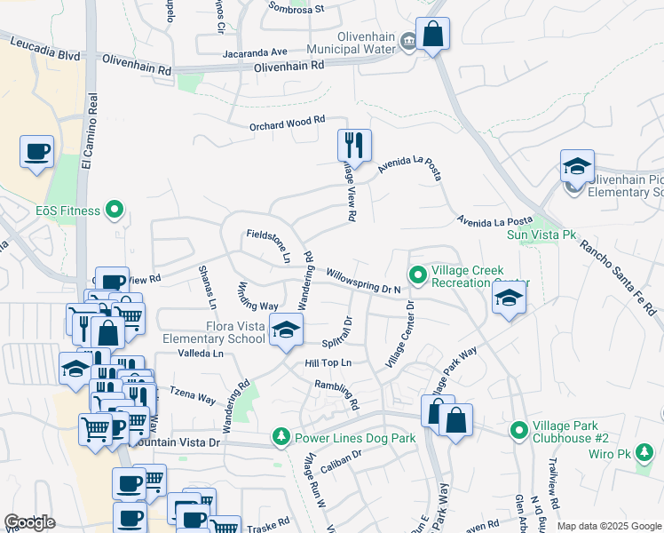 map of restaurants, bars, coffee shops, grocery stores, and more near 1633 Willowspring Drive North in Encinitas