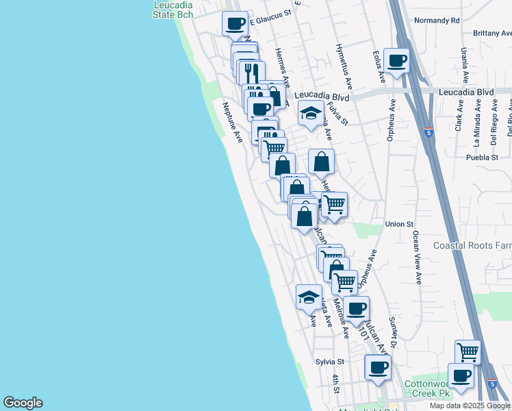 map of restaurants, bars, coffee shops, grocery stores, and more near 584 Neptune Avenue in Encinitas