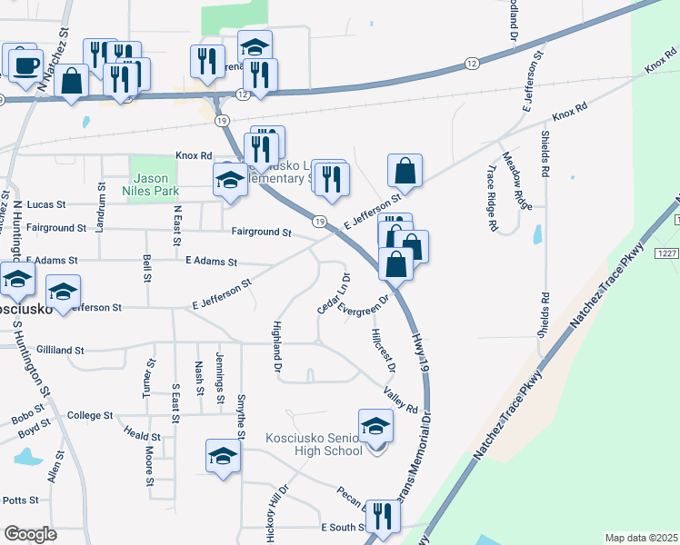 map of restaurants, bars, coffee shops, grocery stores, and more near 109 Cedar Lane Drive in Kosciusko