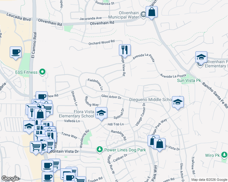 map of restaurants, bars, coffee shops, grocery stores, and more near 1619 Willowspring Drive North in Encinitas