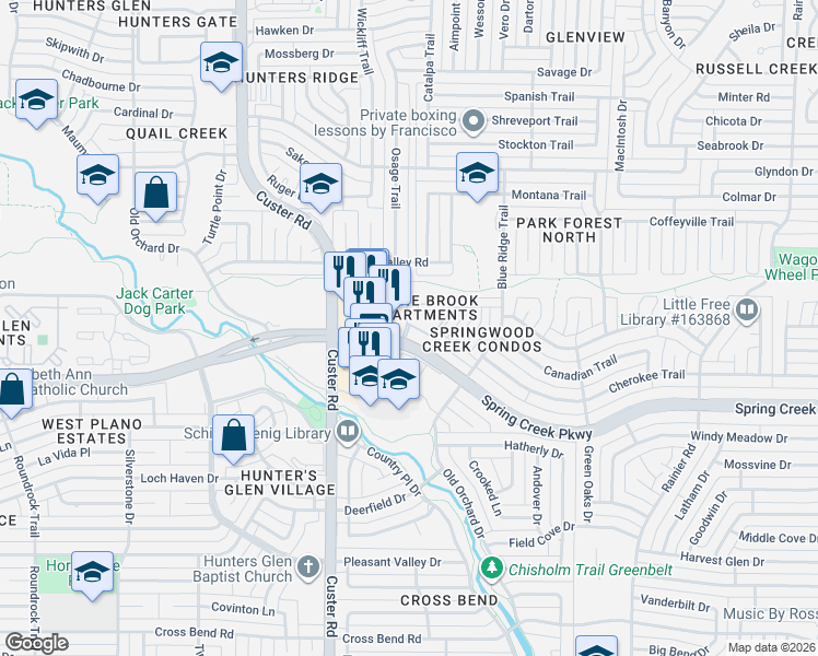 map of restaurants, bars, coffee shops, grocery stores, and more near 1901 West Spring Creek Parkway in Plano