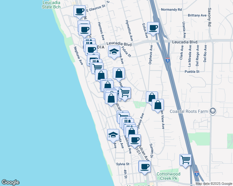 map of restaurants, bars, coffee shops, grocery stores, and more near 551 North Vulcan Avenue in Encinitas
