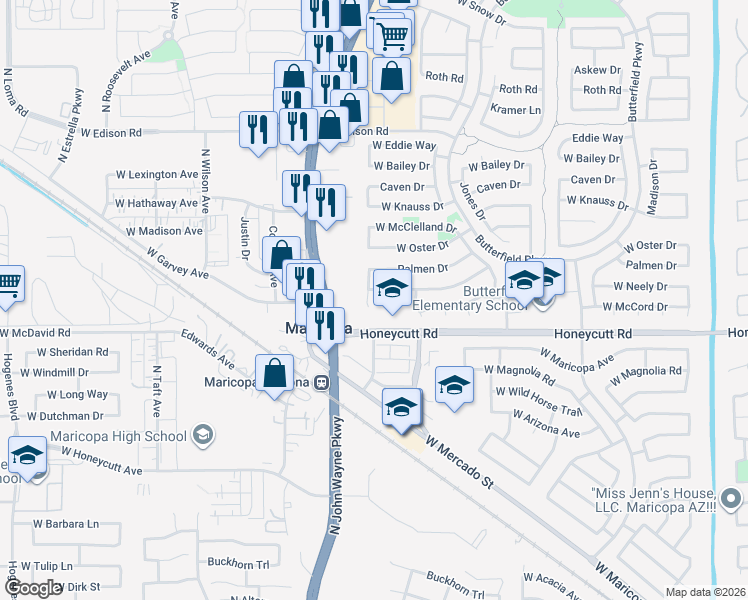map of restaurants, bars, coffee shops, grocery stores, and more near 19676 Pepka Court in Maricopa