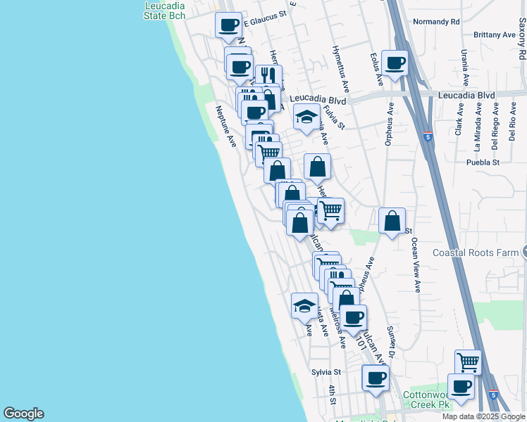 map of restaurants, bars, coffee shops, grocery stores, and more near 163 Athena Street in Encinitas