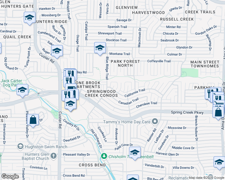 map of restaurants, bars, coffee shops, grocery stores, and more near 1707 Canadian Trail in Plano