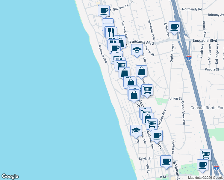 map of restaurants, bars, coffee shops, grocery stores, and more near 592 Neptune Avenue in Encinitas