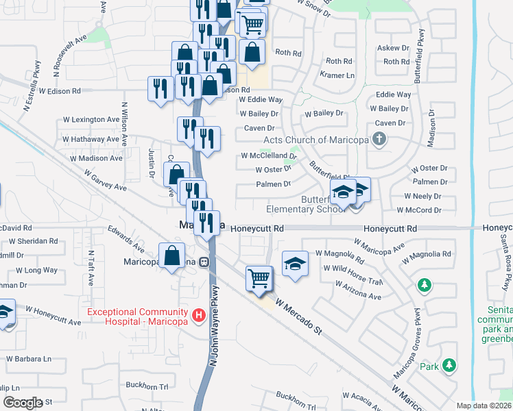 map of restaurants, bars, coffee shops, grocery stores, and more near 4400 Honeycutt Road in Maricopa