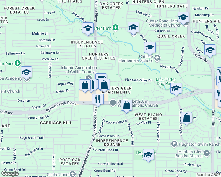 map of restaurants, bars, coffee shops, grocery stores, and more near 6400 Independence Parkway in Plano