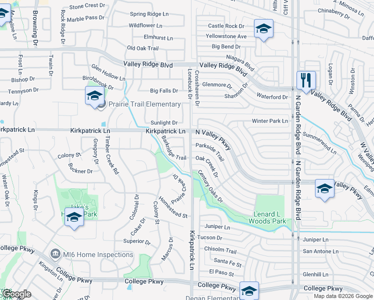 map of restaurants, bars, coffee shops, grocery stores, and more near 5301 Barkridge Trail in Flower Mound