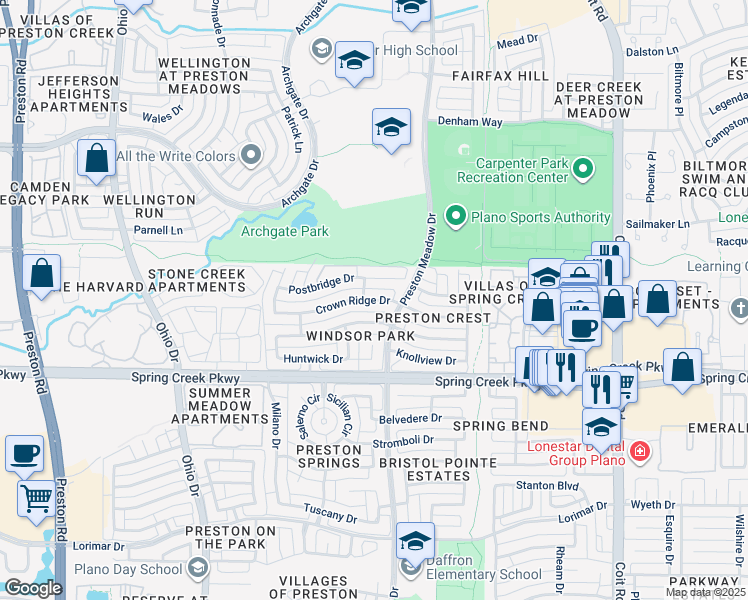 map of restaurants, bars, coffee shops, grocery stores, and more near Crown Ridge Drive in Plano
