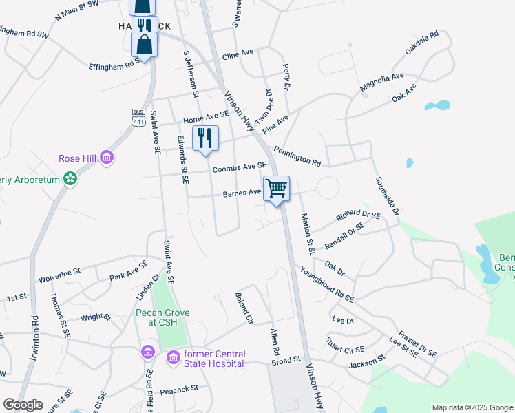 map of restaurants, bars, coffee shops, grocery stores, and more near 113a Scott Hill Street in Milledgeville