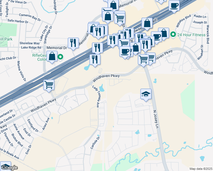 map of restaurants, bars, coffee shops, grocery stores, and more near Crider Road in Lewisville