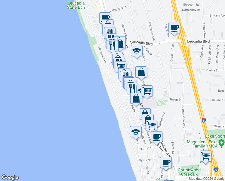 map of restaurants, bars, coffee shops, grocery stores, and more near 592 Neptune Avenue in Encinitas