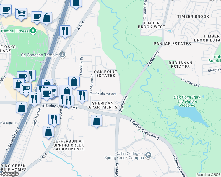 map of restaurants, bars, coffee shops, grocery stores, and more near 2212 Oklahoma Avenue in Plano