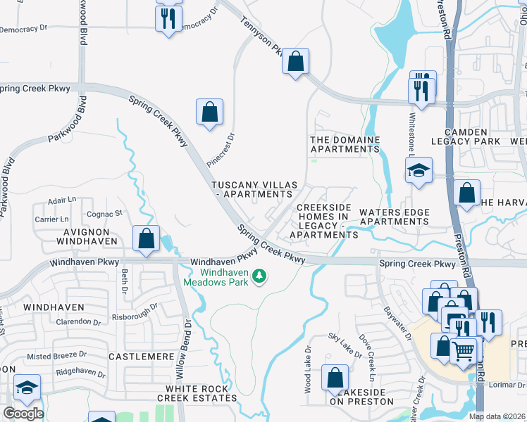 map of restaurants, bars, coffee shops, grocery stores, and more near 5301 West Spring Creek Parkway in Plano