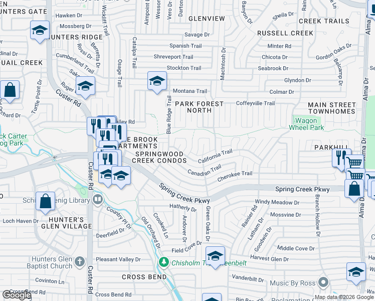 map of restaurants, bars, coffee shops, grocery stores, and more near 1607 California Trail in Plano