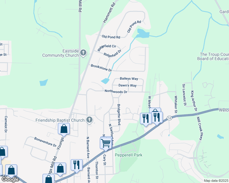 map of restaurants, bars, coffee shops, grocery stores, and more near 510 Bridgette Boulevard in LaGrange
