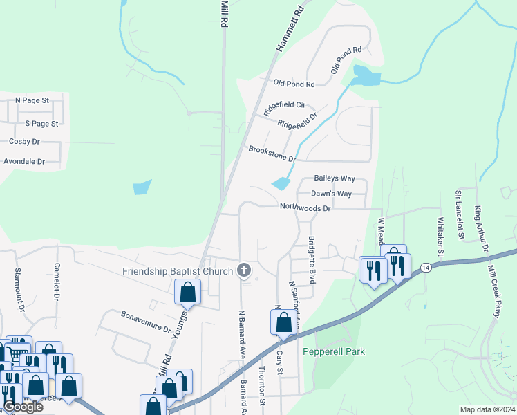 map of restaurants, bars, coffee shops, grocery stores, and more near 126 Northwoods Drive in LaGrange