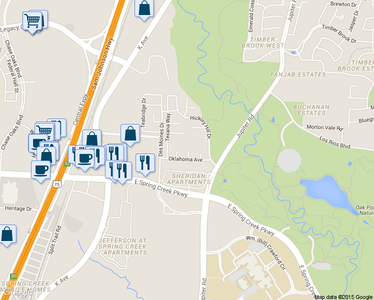map of restaurants, bars, coffee shops, grocery stores, and more near 2212 Oklahoma Avenue in Plano