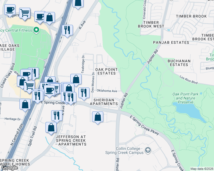 map of restaurants, bars, coffee shops, grocery stores, and more near 2212 Oklahoma Avenue in Plano
