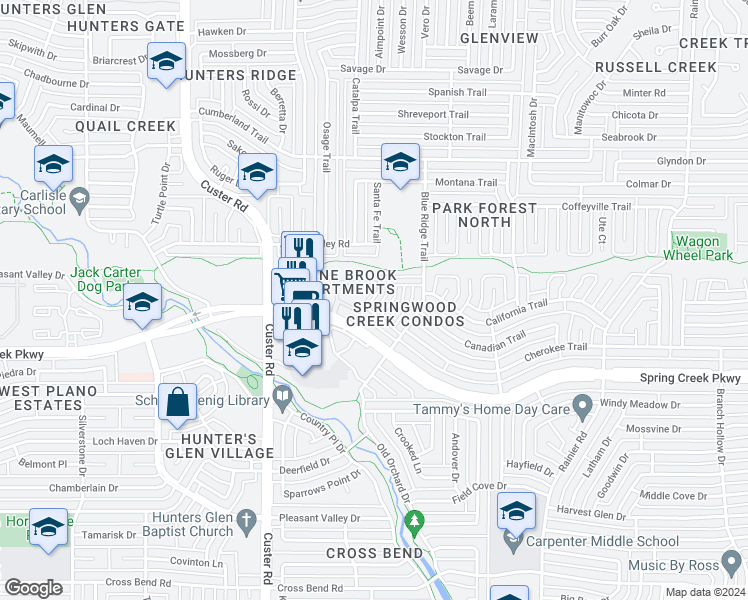 map of restaurants, bars, coffee shops, grocery stores, and more near 1805 West Spring Creek Parkway in Plano