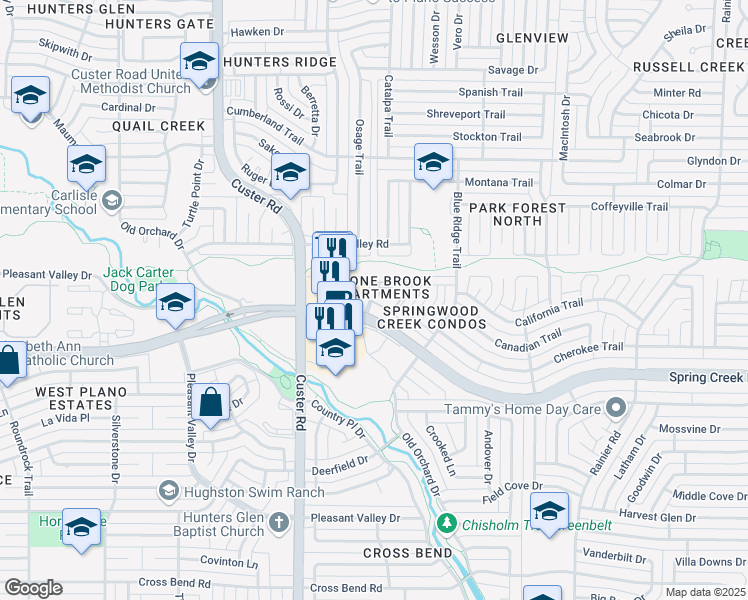 map of restaurants, bars, coffee shops, grocery stores, and more near 1821 West Spring Creek Parkway in Plano