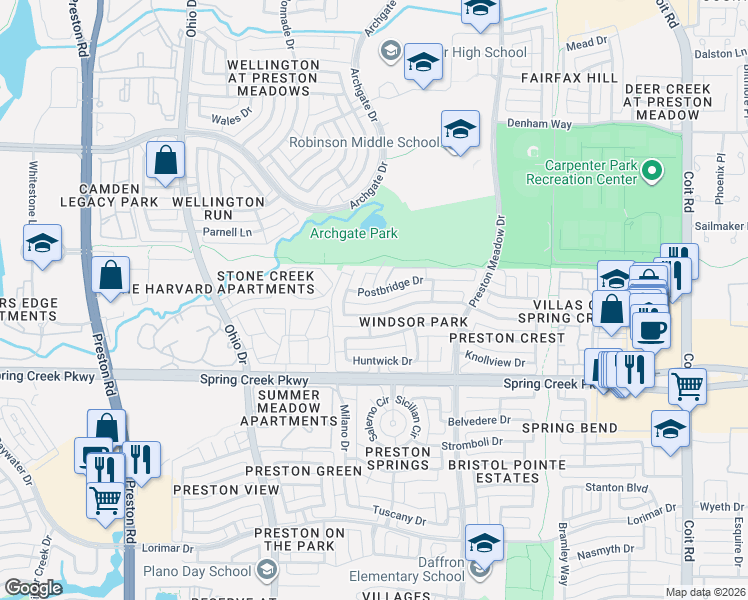 map of restaurants, bars, coffee shops, grocery stores, and more near 4576 Crown Ridge Drive in Plano