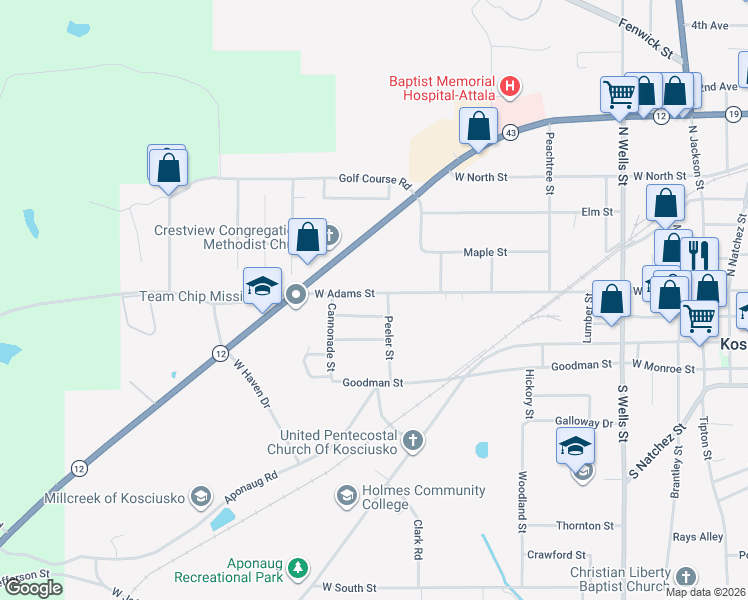 map of restaurants, bars, coffee shops, grocery stores, and more near 207 Carter Street in Kosciusko