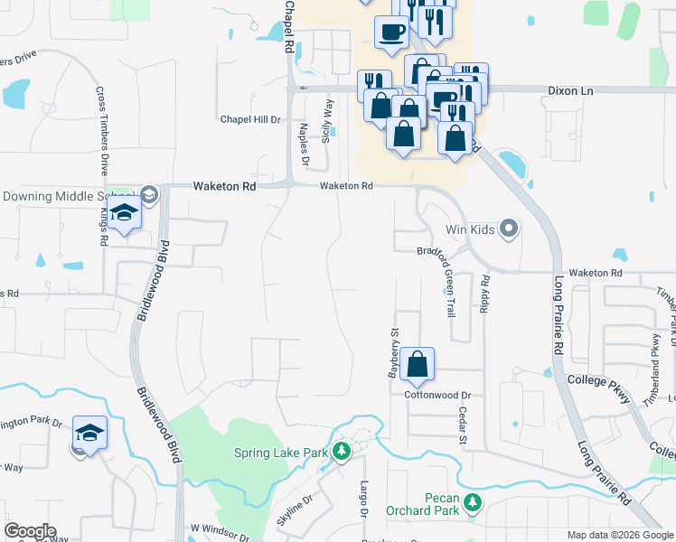 map of restaurants, bars, coffee shops, grocery stores, and more near 5321 Wildwood Drive in Flower Mound