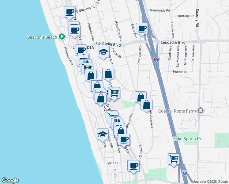 map of restaurants, bars, coffee shops, grocery stores, and more near 506 Hermes Avenue in Encinitas
